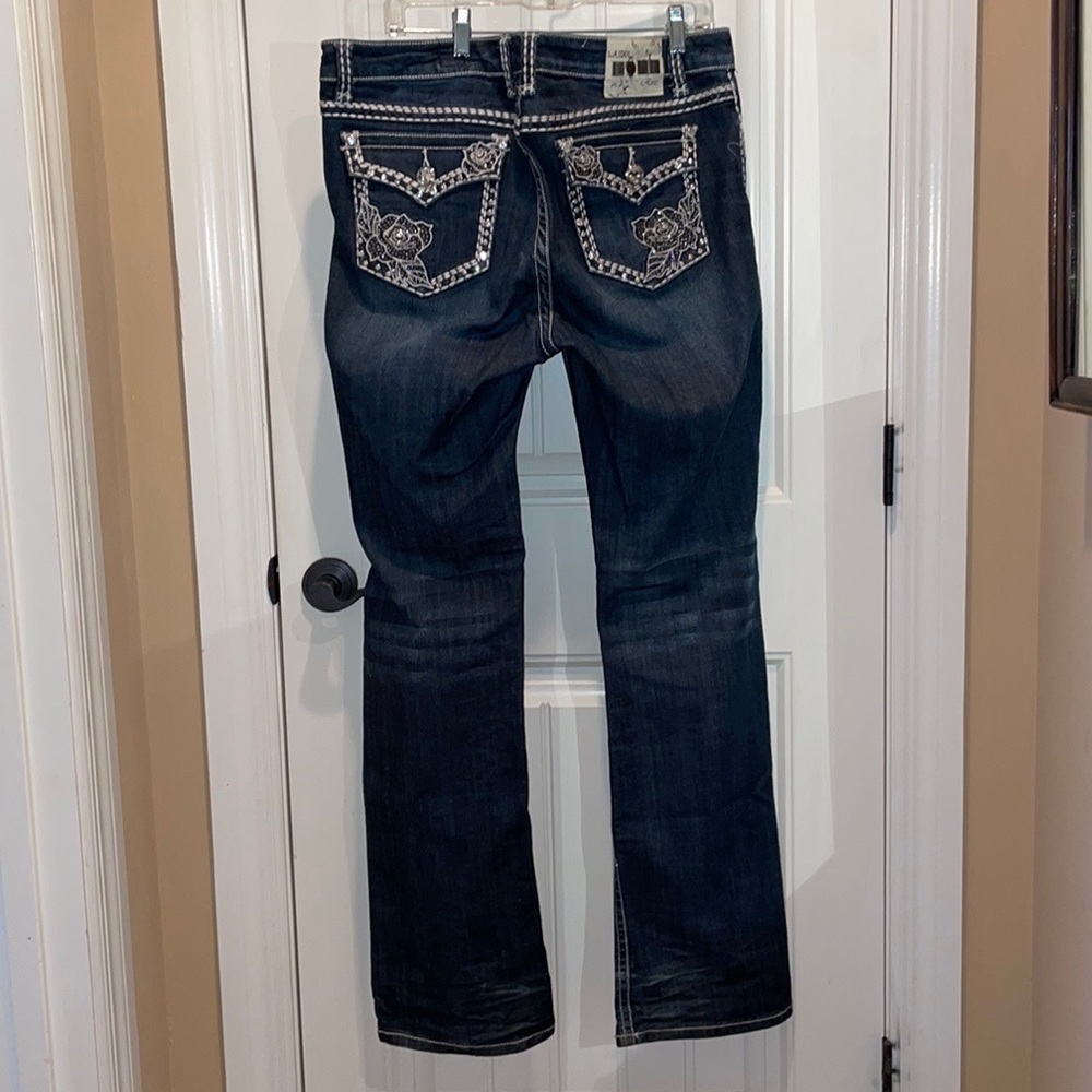 LA IDOL JEANS 15 ROSE Flair LEG JEANS RHINESTONES 5-POCKET ZIPFLY - Picture 4 of 16